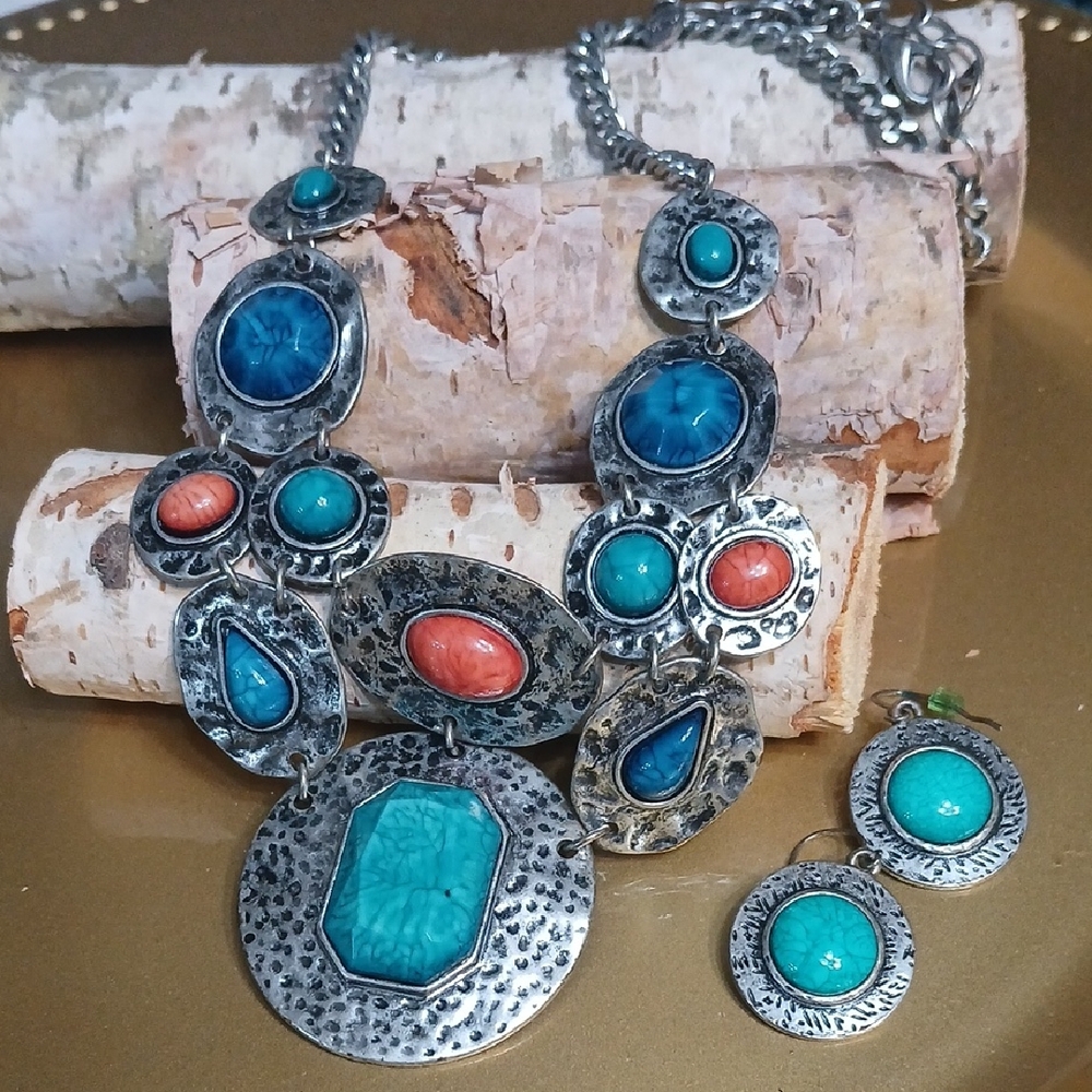 Ruby Rd. Turquoise & Coral Statement Necklace Wit… - image 1